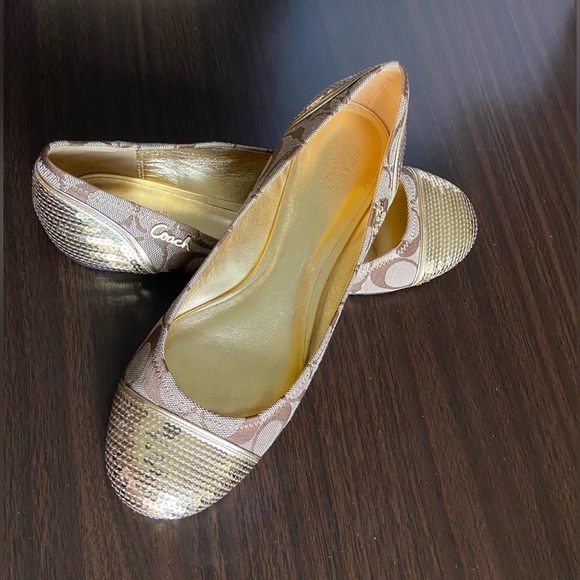 COACH SHINE BEIGE BROWN & GOLD SEQUIN BALLET NEAR-VINTAGE FLATS SIZE 9B - Picture 2 of 8